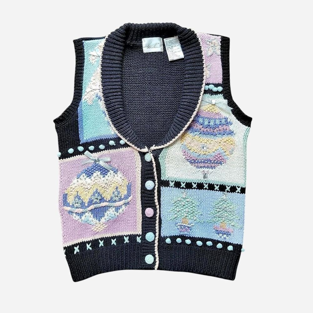 Vintage 90s Pastel Embroidered Christmas Ornament Vest